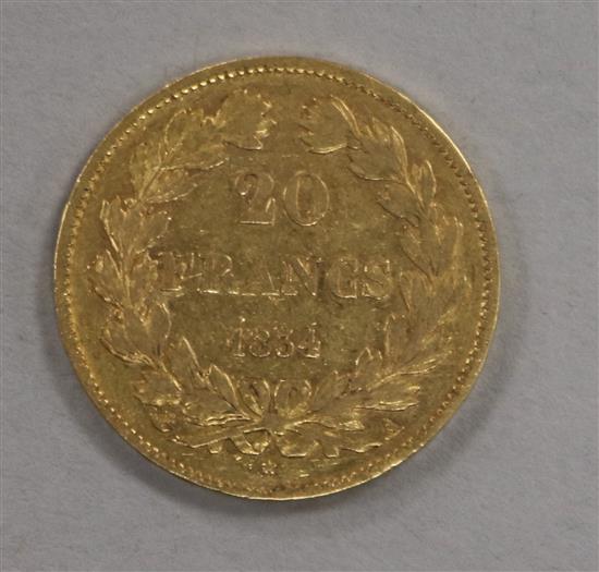 A French 20 Franc gold coin, 1834A, 6.45g, VF